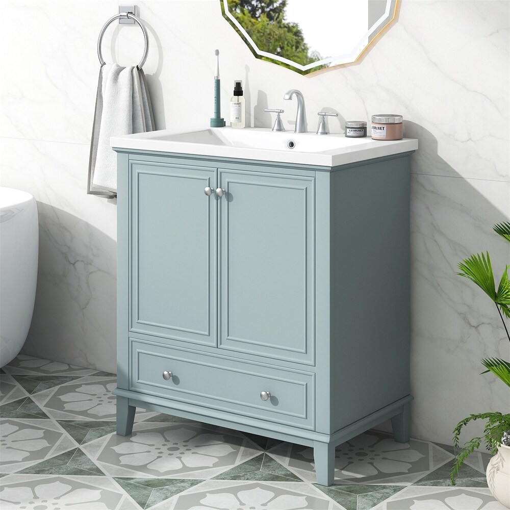 Merax, White 30 Inch Bathroom Sink Vanity Set, Ceramic Countertop, Solid  Wood Legs, Soft Closing Doors, Vintage Style