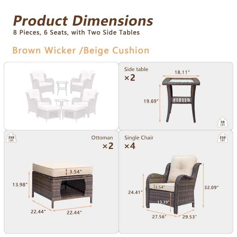 Brown Wicker Outdoor Patio Conversation Seating Sets with Beige Cushions