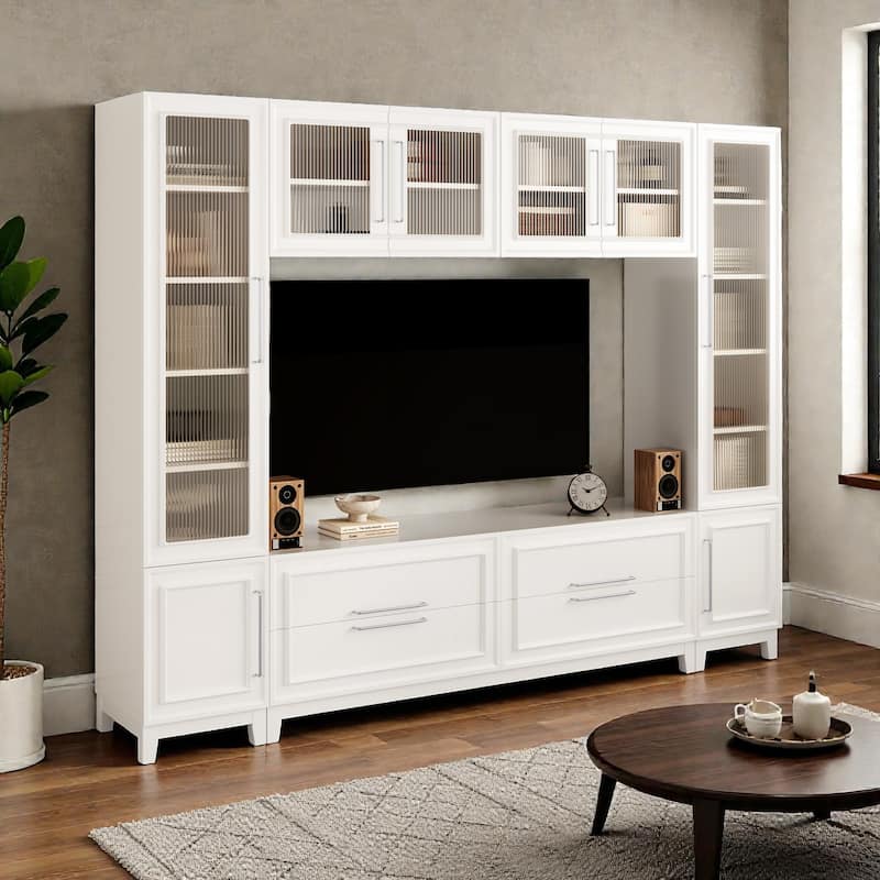 102" Modern Wall Entertainment Center with Fluted Glass Doors, Large TV Stand Media Console for TVs up to 75"