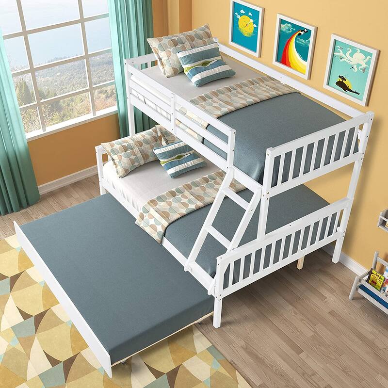 Twin Over Full Bunk Bed with Trundle, Ladder and Guard Rails