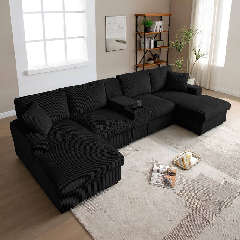 Modern Memory Foam Couch Corduroy U-shaped Sectional Sofa with Storage Console, Cup Holders and USB Ports for Living Room