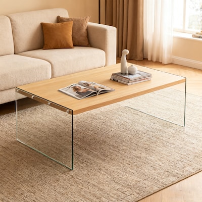 Modern Rectangular Wood-tone Coffee Sofa Side Table with Tempered Glass Legs