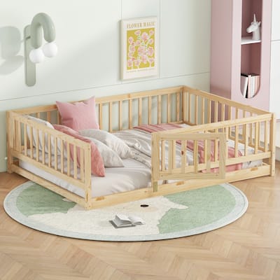 Full Size Montessori Floor Bed with Fence and Door, Kids Wood Bed Frame, Natural Pine Wood Floor Bed