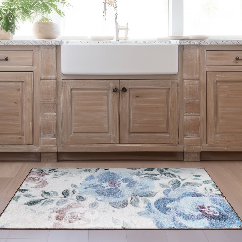My Magic Carpet Sasha Floral Cream Blue Machine Washable Rug