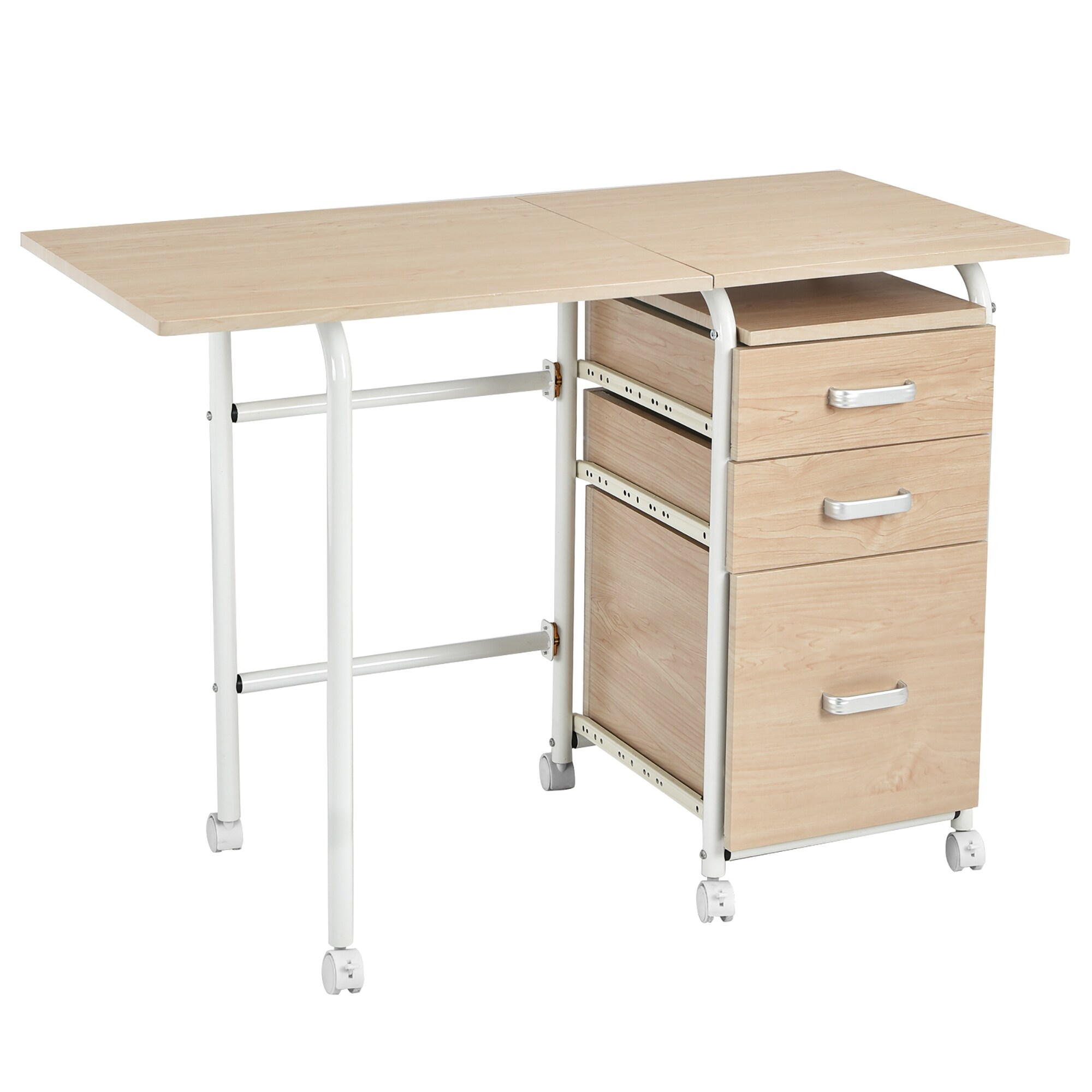 Panana-B Folding Computer Desk with 3 Drawers Storage Office Storage Filing Desk PC Workstation Table Home Beech 