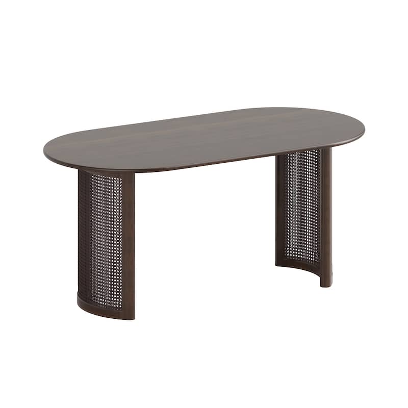 67"L×33.5"W Oval Wood Dining Table Double Rattan Pedestal Kitchen Table