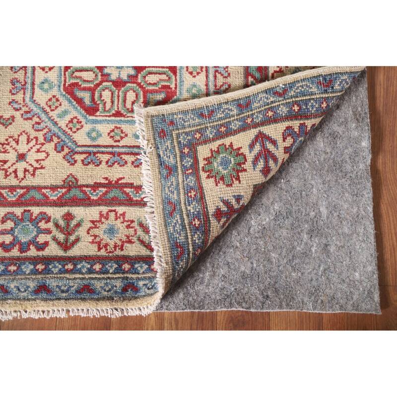 Hand Knotted Oriental 100% Wool Carpet Traditional Geometric Beige & Ivories Kazak Runner Rug - 12' 8'' X 2' 10''