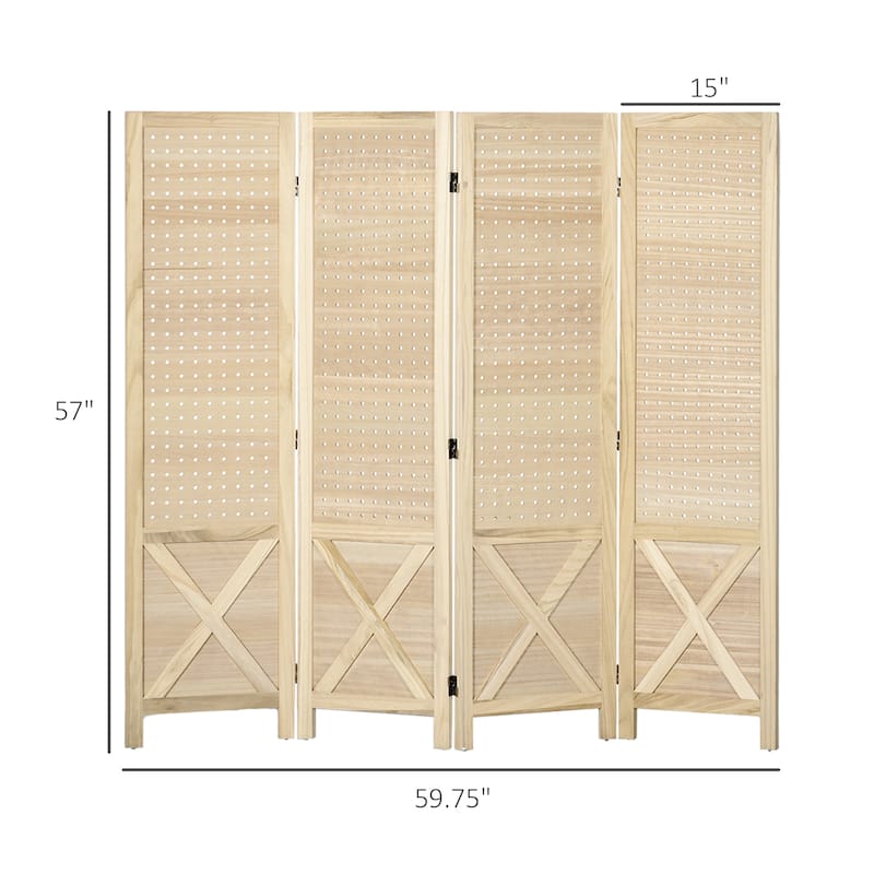HOMCOM 4 Panel Pegboard Display Room Divider, 4.5’ Tall Wood Indoor Portable Folding Privacy Screen