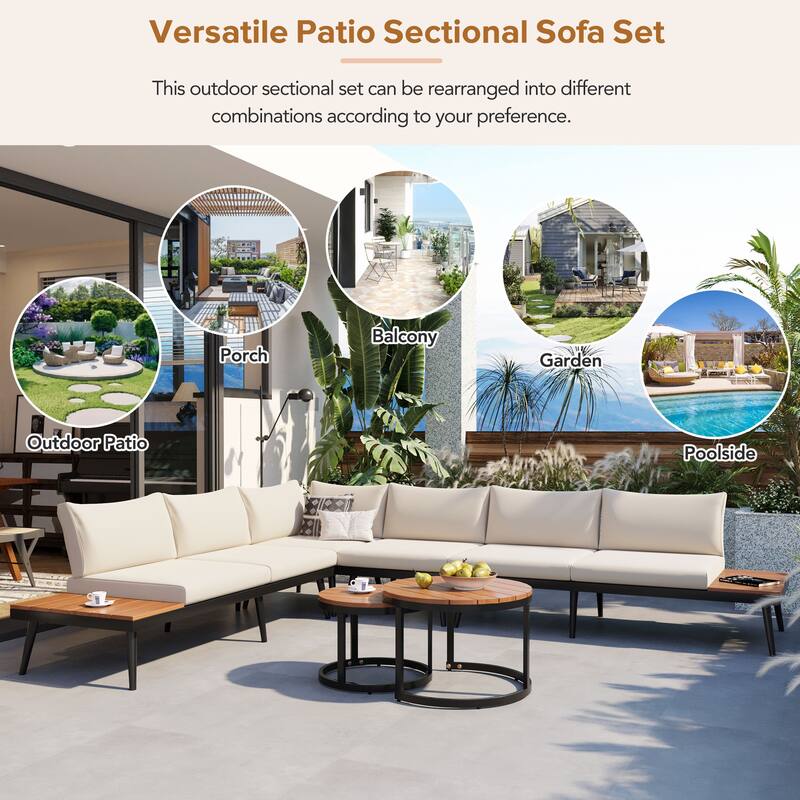 Acacia Wood Outdoor Sectional Sofa Set with Round Nesting Coffee Tables