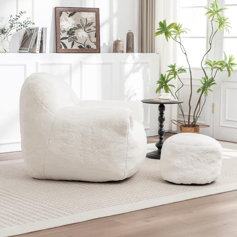 Comfy Bean Bag Sofa With Back Support, With Footstool,Faux Fur Bean Bag Chair For Adults And Kids