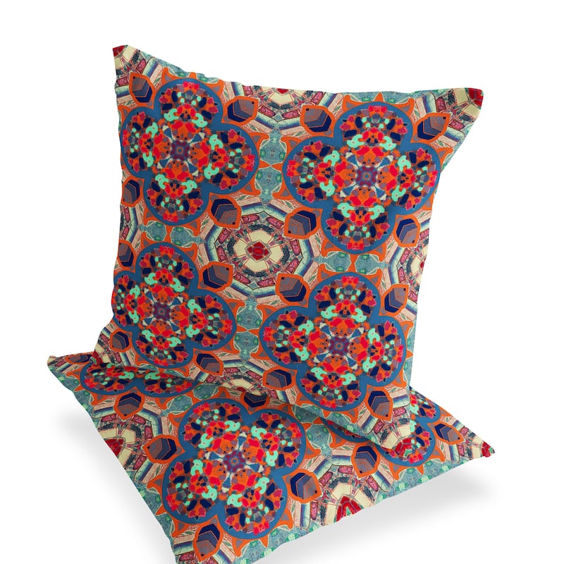 HomeRoots Set of Two 16" X 16" Blue and Orange Blown Seam Floral Indoor Outdoor Throw Pillow - 16.00' X '16.00' X '5.00