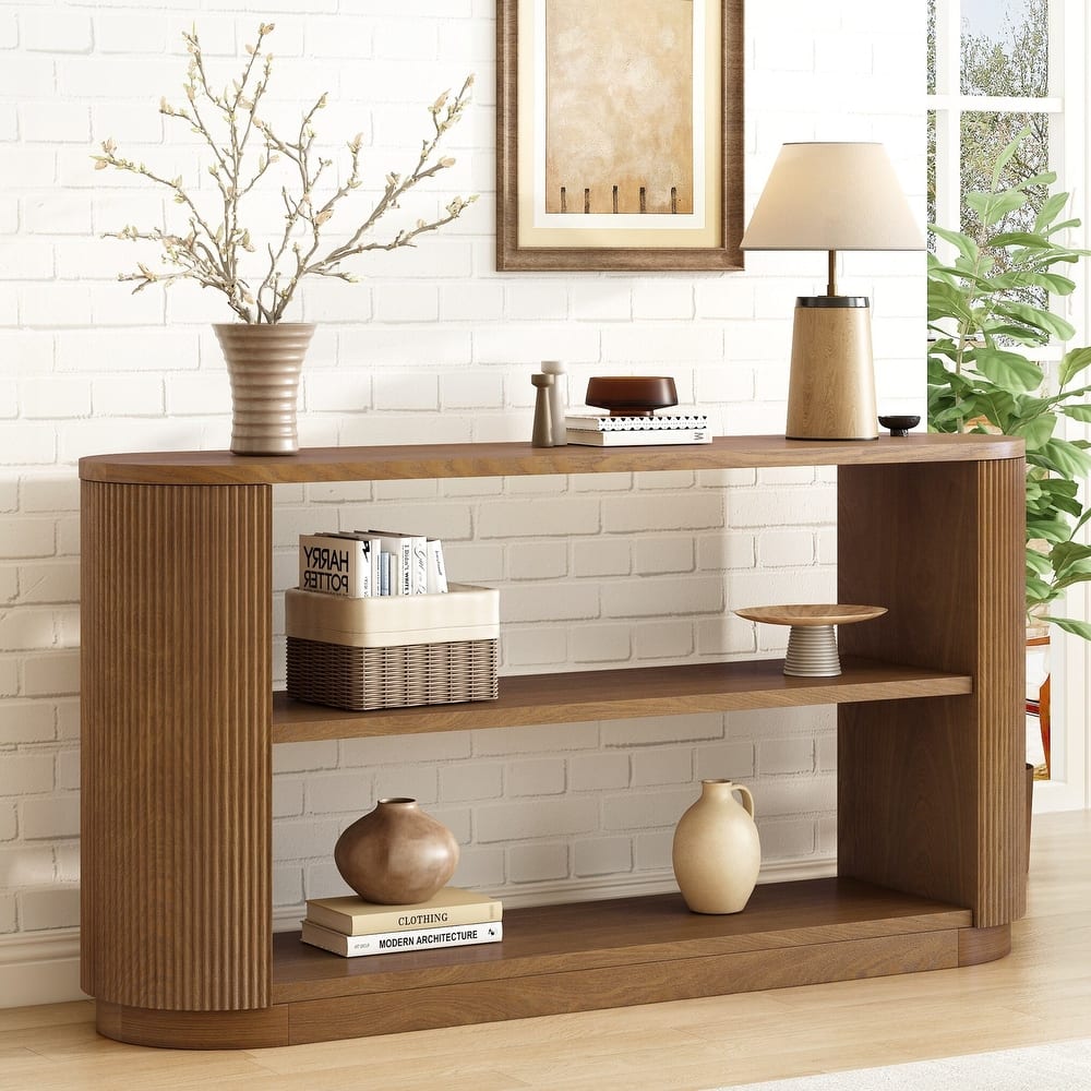 Modern Entryway Console Table - Slim Sofa Table with Open Shelf & Elegant Wood Grain, Hallway Table for Living Room