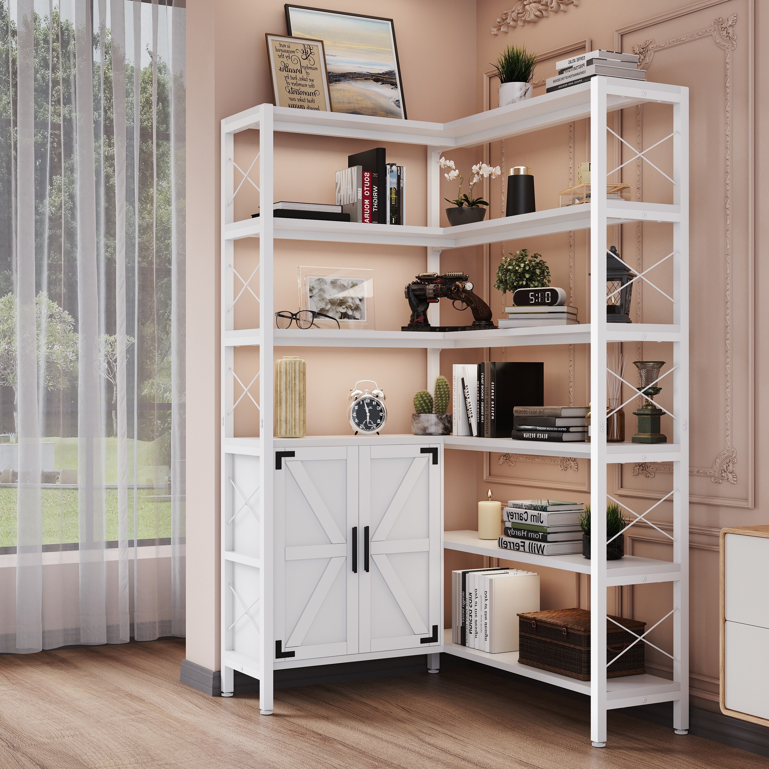 6-Shelf Corner Bookshelf, Vintage Industrial Corner