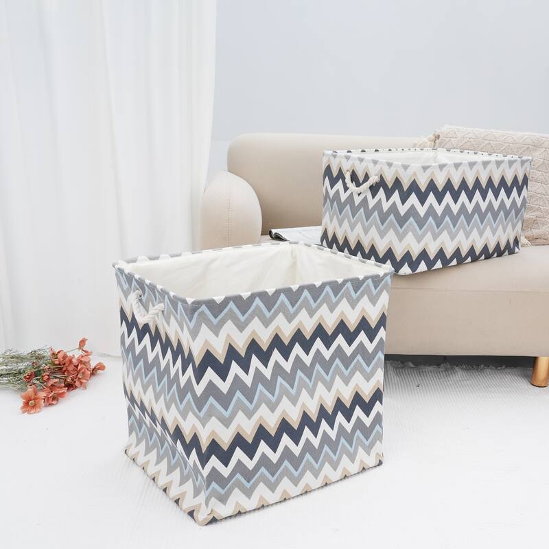 Fabric Collapsible Storage Basket Bin w Handle and Drawstring Closure - Blue