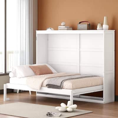 Full/Queen Size Murphy Wall Bed with Folding Cabinet, Piston Lift Mechanism, Slatted Base, Space-Saving Design