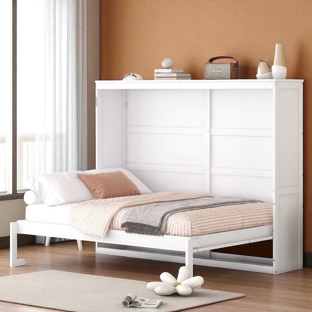 Full/Queen Size Murphy Wall Bed with Folding Cabinet, Piston Lift Mechanism, Slatted Base, Space-Saving Design