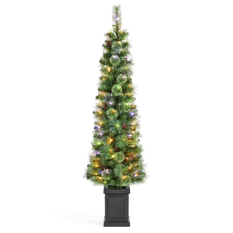 Glitzhome 5ft/6ft/7ft Pre-Lit Green Pine Christmas Potted Porch Tree with LED Lights and Remote Control