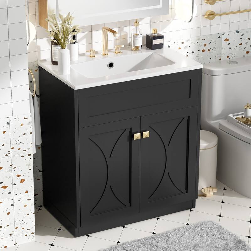 Roomfitters 30" Vanity with Ceramic Sink, Freestanding Cabinet with Gold Handles and Soft Closing Doors
