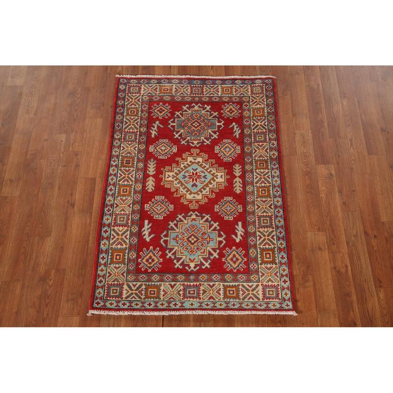 Kazak Oriental Accent Rug Hand-Knotted Geometric Red Wool Carpet - 2'9"x 4'1"