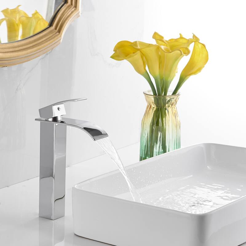 Single-Hole Deck Mount High Arc Waterfall Faucet with Drain Assembly - Chrome