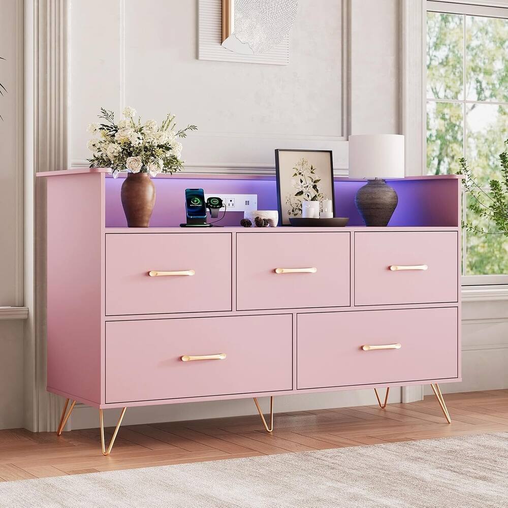 5 Drawer Dresser TV Stand for Bedroom with Charging Station & LED Lights
