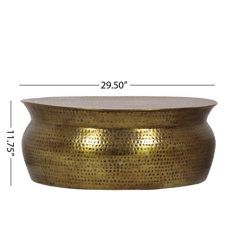Roomfitters Drum Coffee Table, Round Metal Living Room Center Table with Hammered Design, Modern Accent Table, Coppery