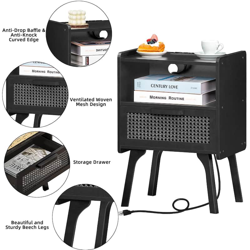 Rattan Nightstand with Charging Station,Side Table with Drawer Open Shelf,Cane Bedside End Table with Solid Wood Legs