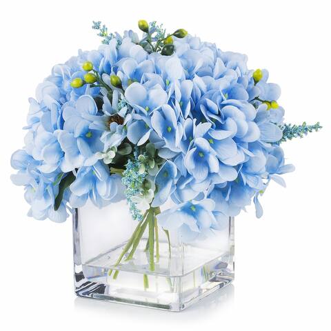 Enova Home Mixed Artificial Silk Hydrangea Faux Flowers Arrangement in Cube Glass Vase with Faux Water Home Wedding Decoration