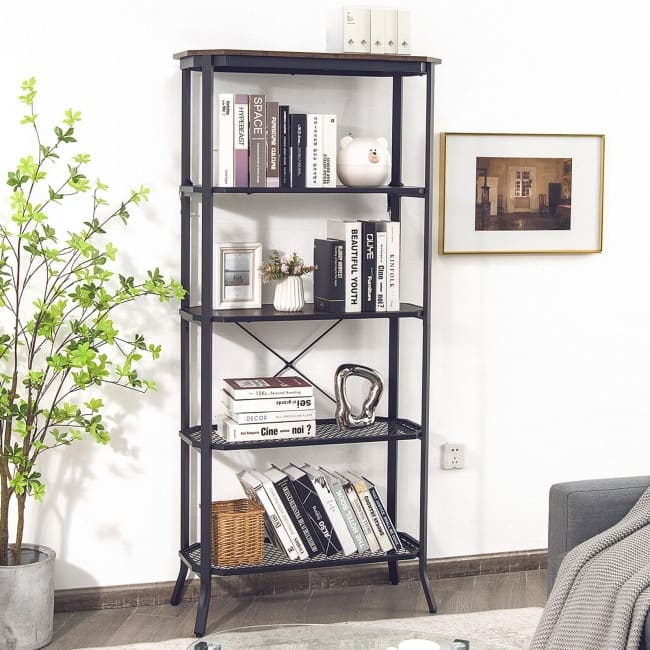 Industrial 5-Layer Bookshelf with Out-Stretched Legs-Rustic Brown - 31.5" x 13.5" x 67.5" (L x W x H)