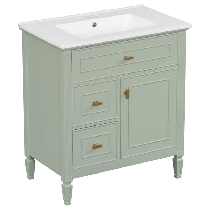 GDFStudio - Avalon 30-Inch Freestanding Bathroom Vanity with Ceramic Sink, Flip Drawer, Solid Wood & MDF Board