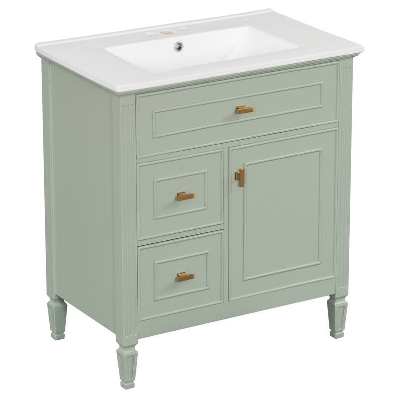 Roomfitters 30" Bathroom Vanity with Ceramic Sink, Solid Wood Frame with Flip Drawer, 2 Side Drawers & Adjustable Shelf