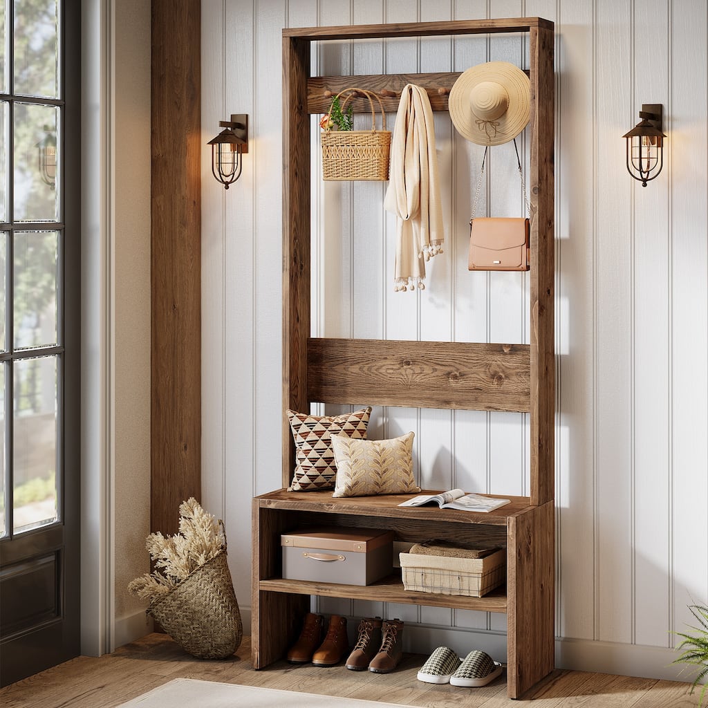 Solid Wood Entryway Hall Tree With Storage Bench And 7 Hooks