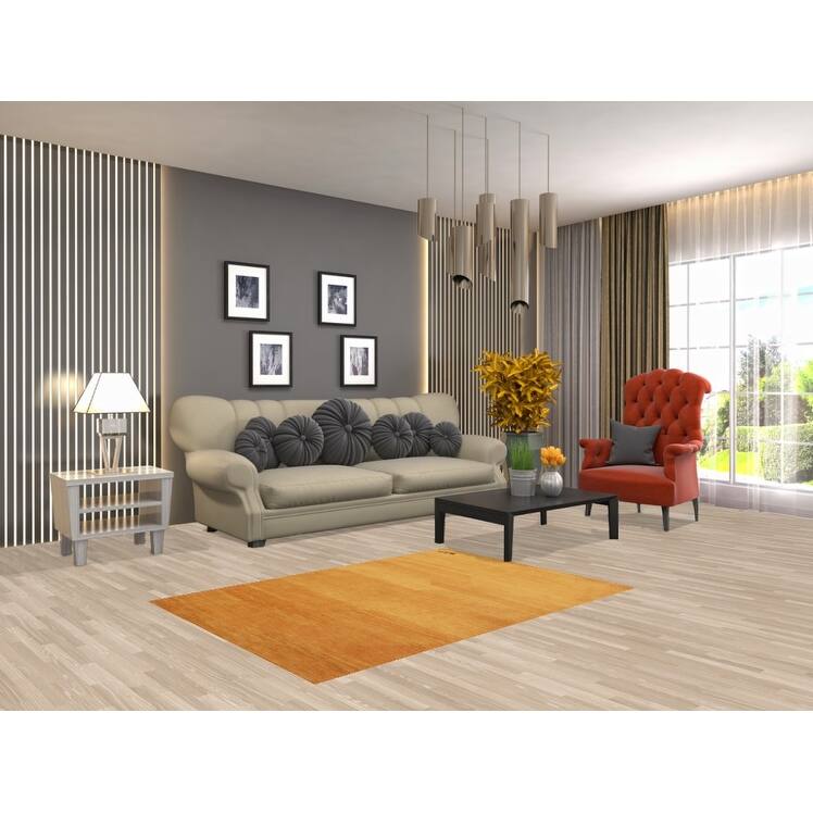 Yellow Gold Modern Gabbeh Oriental Rug Hand-Knotted Wool Carpet - 3'5" x 4'10"