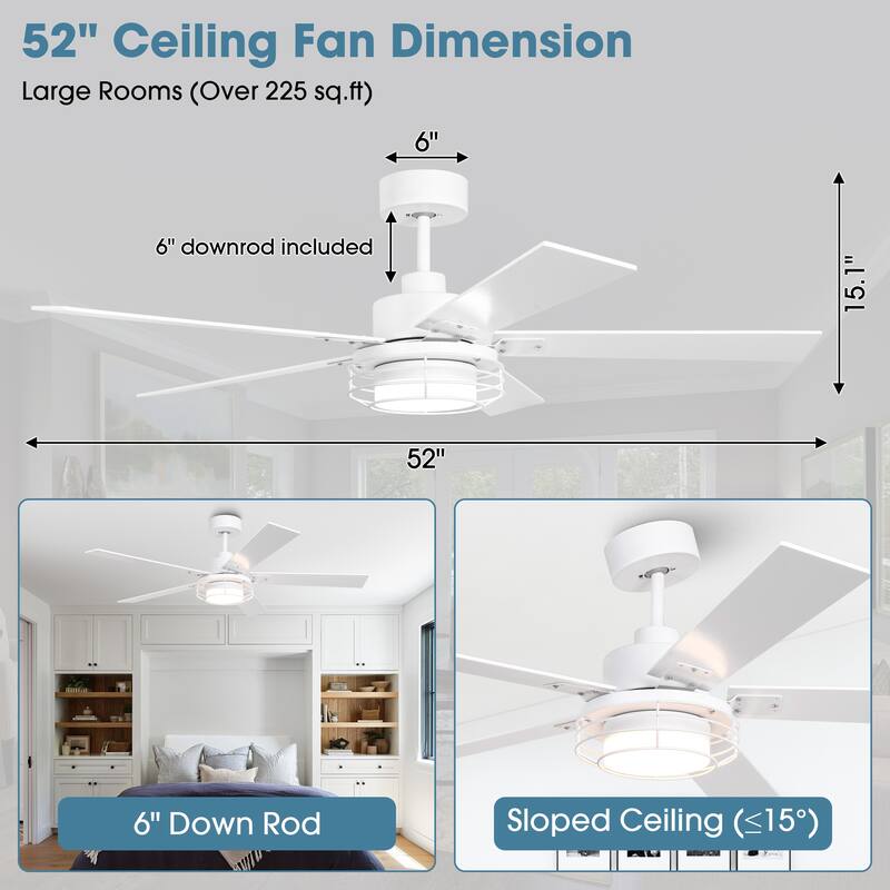 52-in Industrial Metal Caged Ceiling Fan with Light and Remote, Reversible 5-Blade