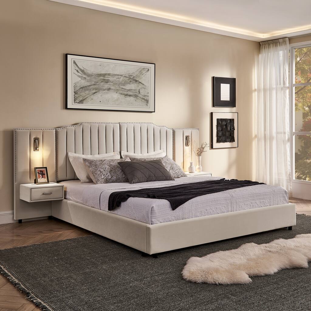 King Size Upholstered Bed Frame with Velvet Fabric, Vertical Stripe Design with Buttons Around King Size Platform Bed