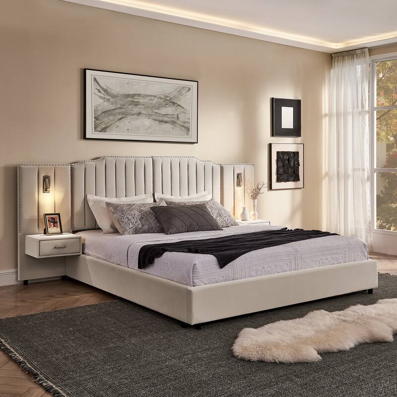 King Size Upholstered Bed Frame with Velvet Fabric, Vertical Stripe Design with Buttons Around King Size Platform Bed - Beige