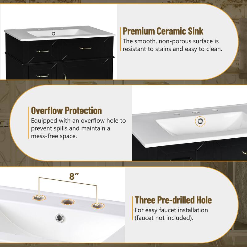 30-Inch Bathroom Vanity with Ceramic Sink, Adjustable Shelf, Soft Close Door, and Three Soft Close Drawers