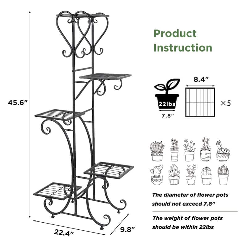 Tall Plant Stand 5 Tiered Iron Plant Shelf Garden Display Rack Indoor Outdoor