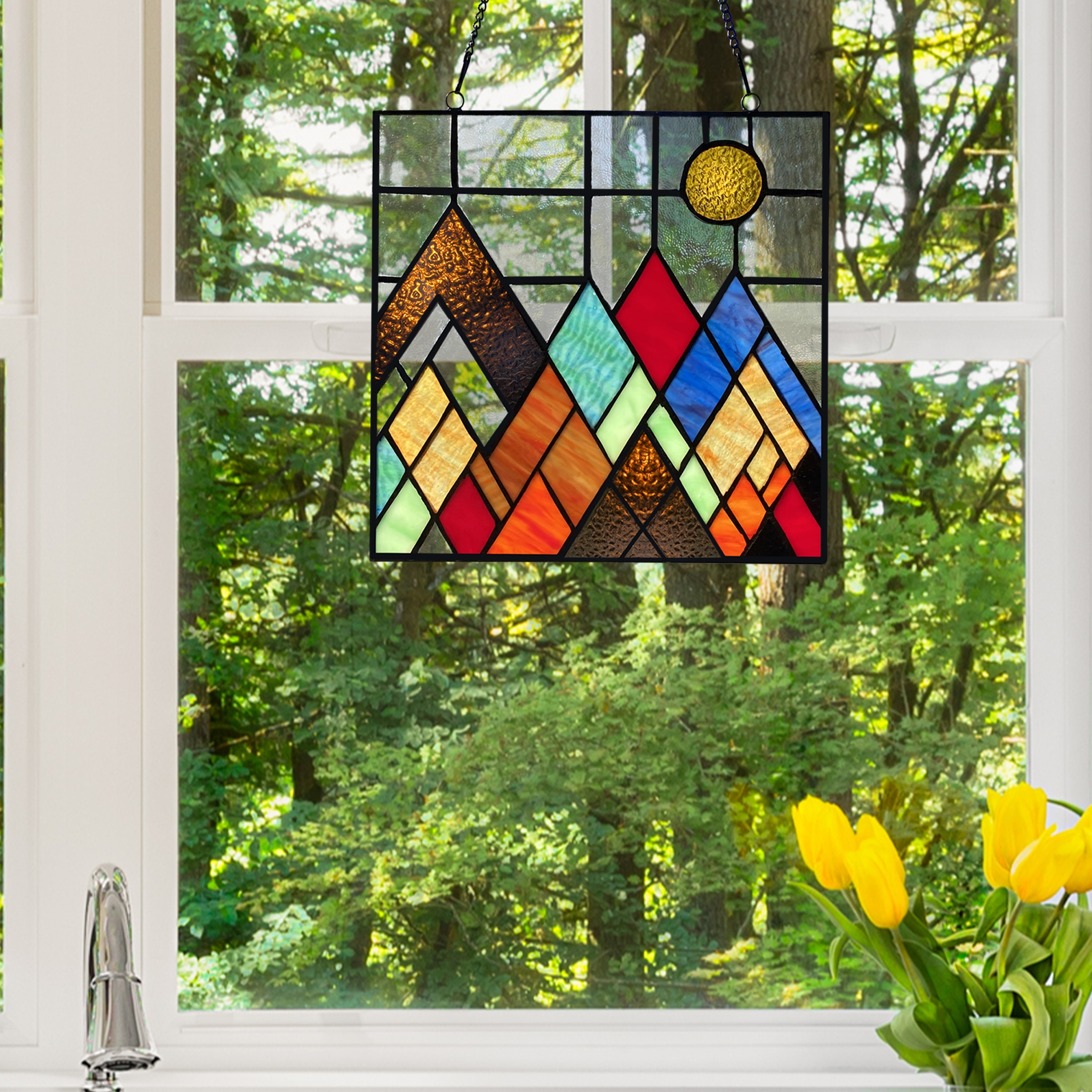 River of Goods Beyond The Mountain Tops Stained Glass Window Panel, Amber