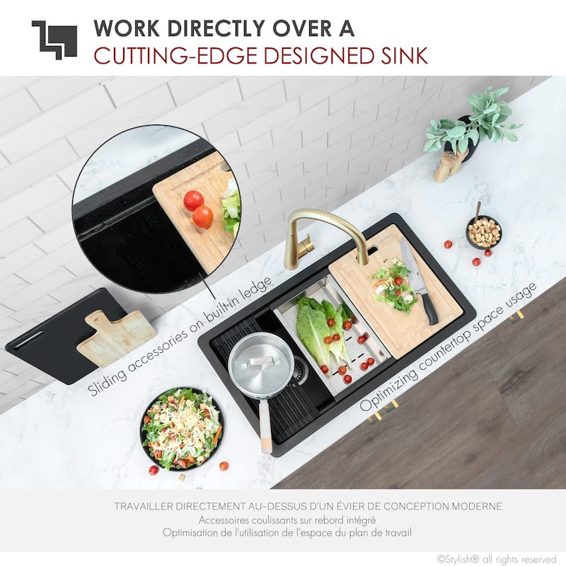 Dual mount 32 inch Black Composite Granite Single Bowl Workstation Kitchen Sink