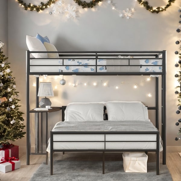 slide 2 of 12, Twin Over Full Metal Bunk Bed with Desk, Ladder and Quality Slats for Bedroom Black