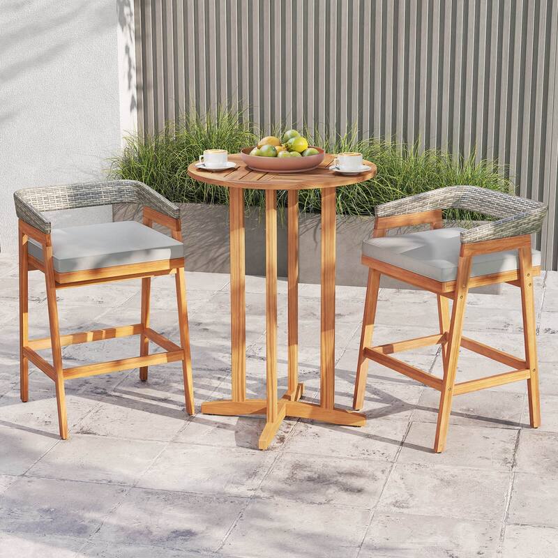 Set of 2 Patio Counter Height Bar Stools Outdoor Wood Bar Chairs