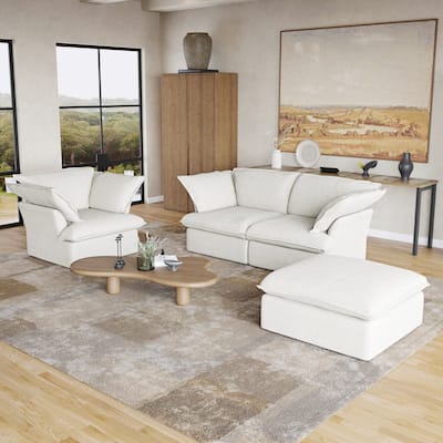 Minimalism Living Room Furniture Set Down Filled Comfort Overstuffed Modern Linen Sofa Loveseat, Chair and Ottoman