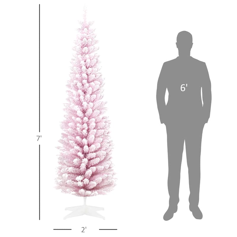 HOMCOM 7' Snow Flocked Artificial Pencil Christmas Tree, Slim Xmas Tree Pink