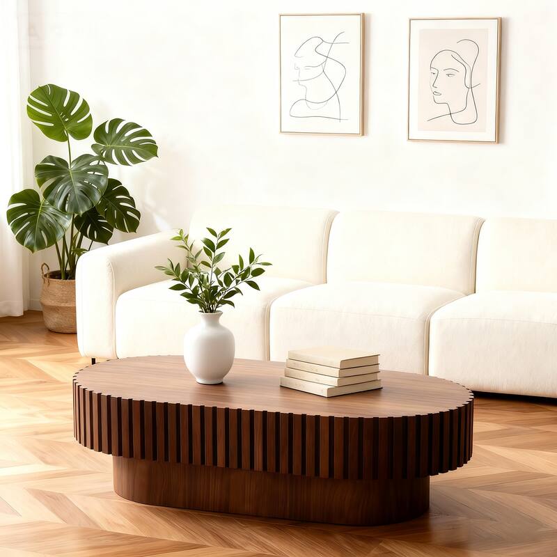 Oval Coffee Table for Living Room, Mid Century Modern Wooden Table with Pedestal, Unique Drum Tea Table Side Center Table