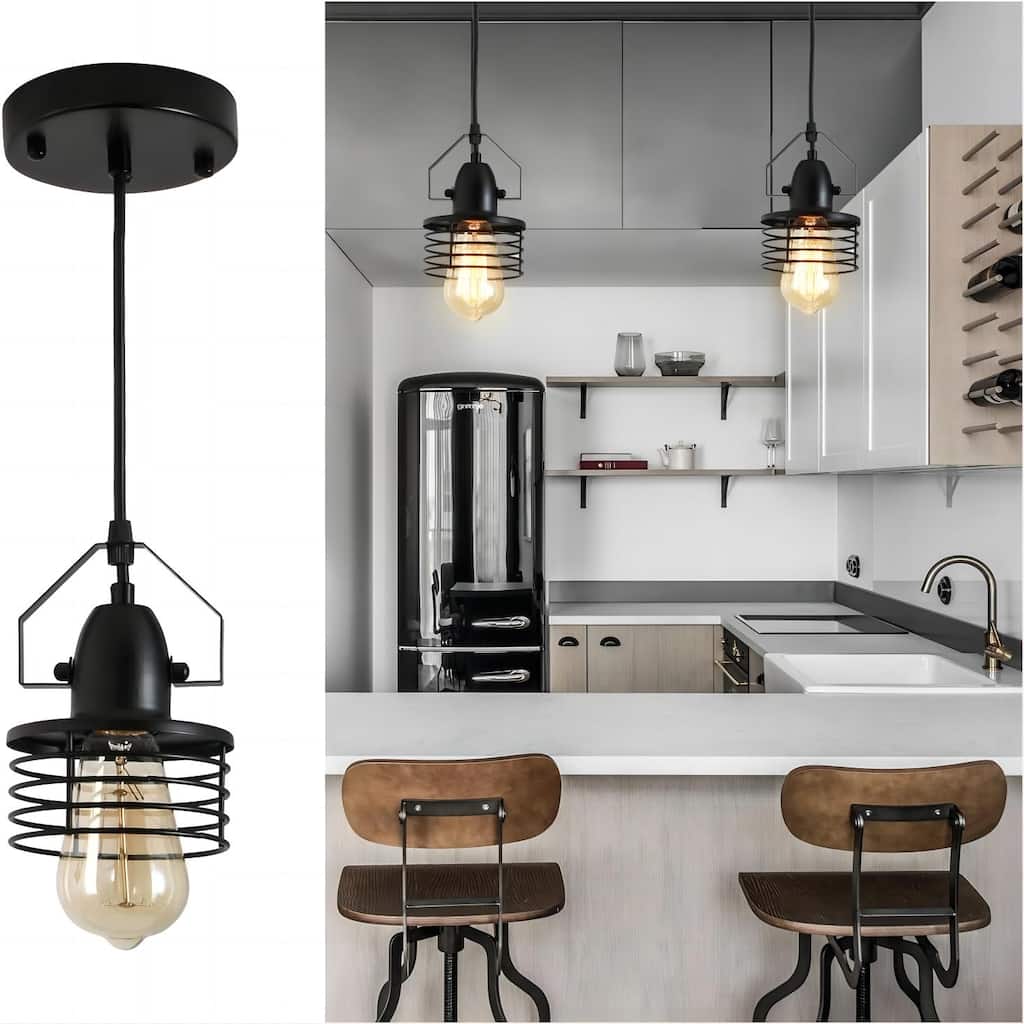 Industrial Black Pendant Light, Metal Cage Pendant Lights Dining Room Hanging Lighting, for Kitchen Island Living Room