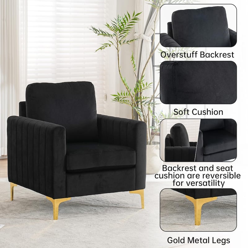 Modern Velvet Accent Chair for Living Room & Bedroom Comfy Reading Armchair with Gold Metal Legs