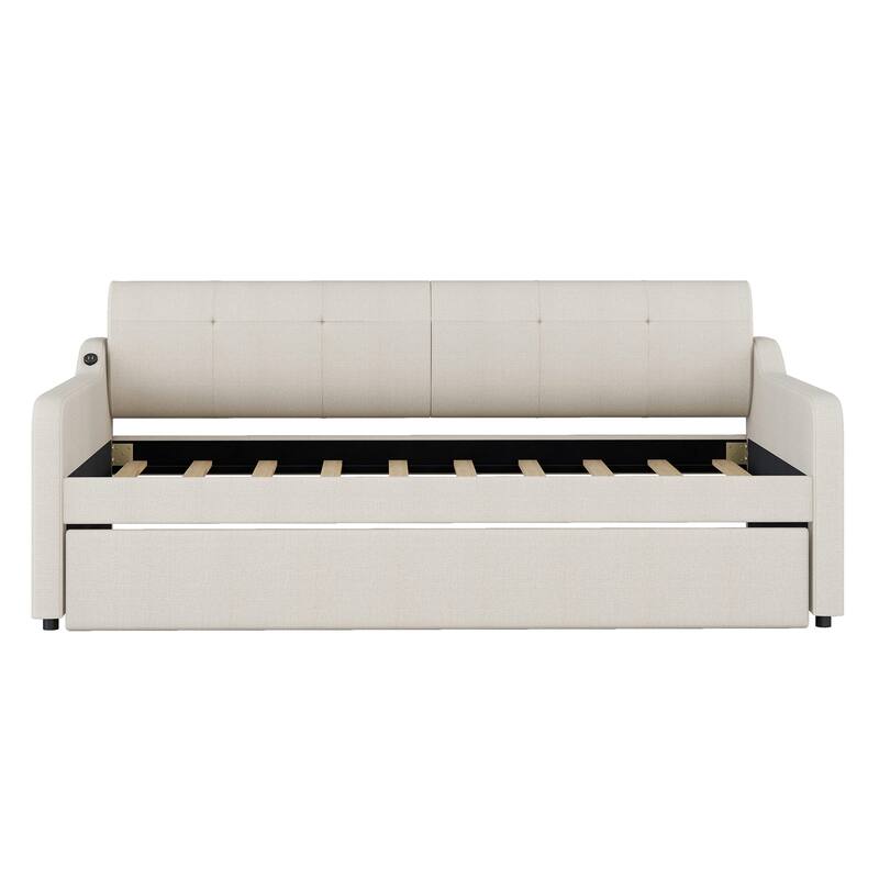 Twin Size Upholstered Daybed with Trundle and USB Charging, Beige