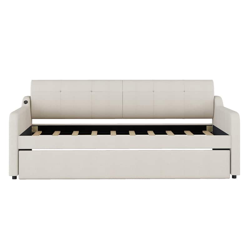 Upholstered Daybed with Pop Up Trundle, Extendable Twin Daybed with Trundle and USB Charging, Trundle can be Flat or Erected