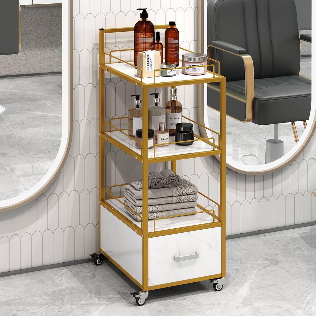 Beauty Salon Storage Trolley Cart,with Lockable Rolling Wheels,Metal Frame Marbled Board,Drawer Barber Salon Furniture